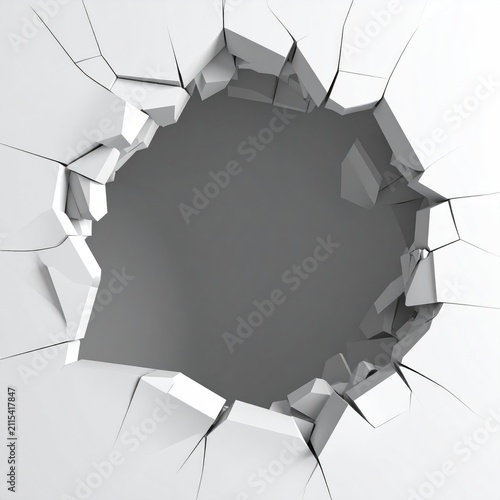 A jagged hole explodes outwards from a white textured surface, revealing darkness