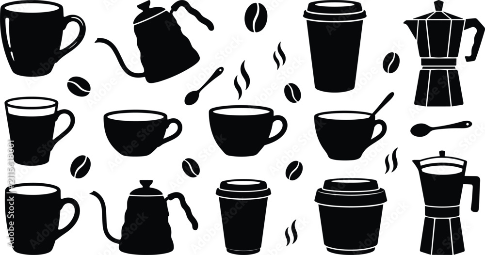 Obraz premium Coffee Brewing Equipment Silhouette Vector Set with Moka Pot, Gooseneck Kettle, Ceramic Mugs, Disposable Cups, and Roasted Beans for Cafe Branding