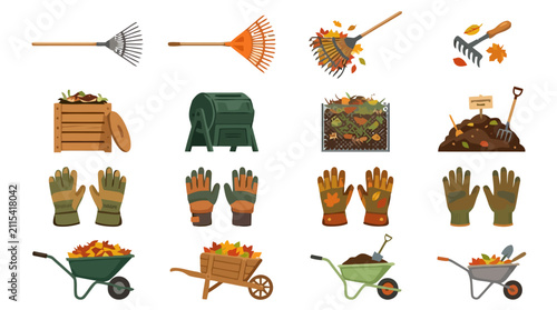 Set of Gardening Tools and Equipment Icons.