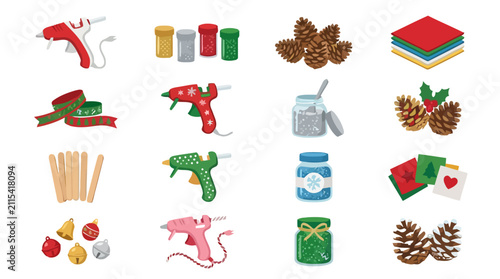 Set of colorful craft supplies and DIY tools for creative hobby projects.