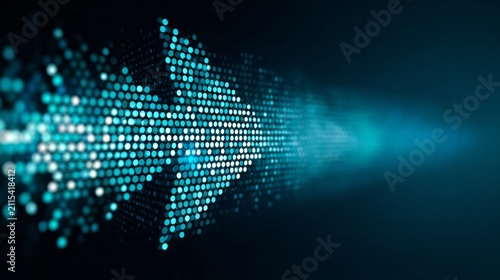 Digital arrow formed from bright glowing blue dots on a dark background.