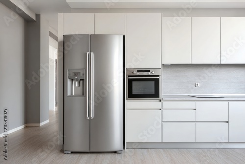 Modern kitchen with stainless steel refrigerator and white cabinetry.