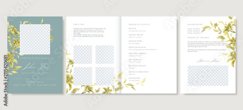 Elegant floral funeral program template, gold floral memorial service vector