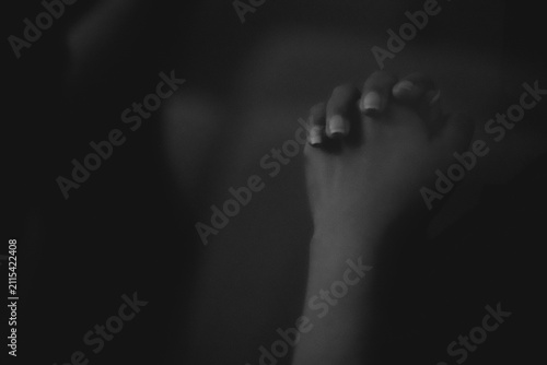 Obraz na płótnie Close to Hand Prayer, Cinematic Black and White Religion Moody Monochrome Photo
