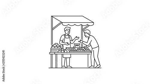Farmer selling fresh produce from market stall, customer choosing fruits and vegetables, black and white line art illustration
