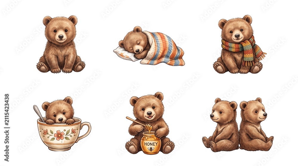 Fototapeta premium Cute vintage bear cub watercolor clipart set eating honey, sleeping with blanket, wearing scarf, and in teacup