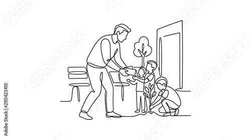 A father teaching his children to plant a tree in the garden.