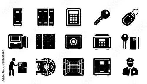 Security safe and locker icons set, 15 black solid vector symbols for bank vault and storage, professional protection and deposit box graphics