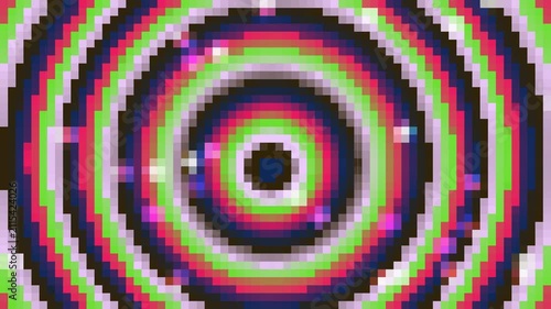 Pixelated concentric circles in vibrant neon colors create a hypnotic abstract pattern suitable for digital backgrounds and futuristic designs.