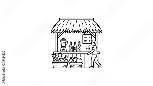 Tropical Juice Bar Stand with Fruit and Customer in Line