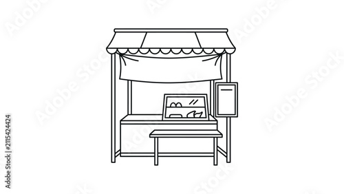 Simple Outline Illustration of a Market Stall or Food Cart with Awning and Display Case