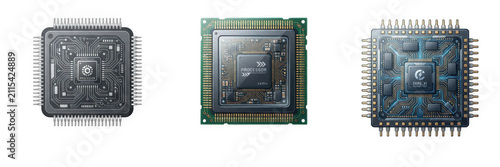 Set of computer processors, isolated illustrations of CPU microchips with pins and circuitry for hardware, computer technology, electronics, semiconductor manufacturing, and tech engineering concepts.
