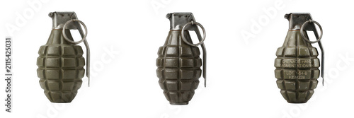 Foto Set of military hand grenades, isolated illustrations of green fragmentation explosive weapons with safety pins and levers for war, combat, tactical defense, military history, and weapon concepts