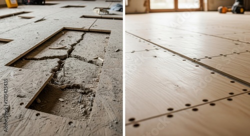 Sidebyside comparison of noisy untreated subfloor and fixed squeaky floor after adhesive and screw reinforcement in a home setting.