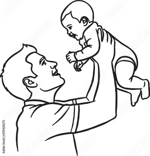 Quadro su tela Minimalist line art drawing of a father holding his baby aloft with illustration