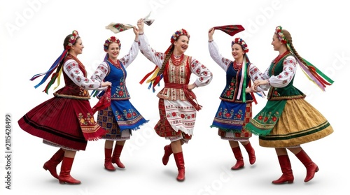 Group of young women in traditional ukrainian folk costumes dancing happily with colorful ribbons and embroidered clothes