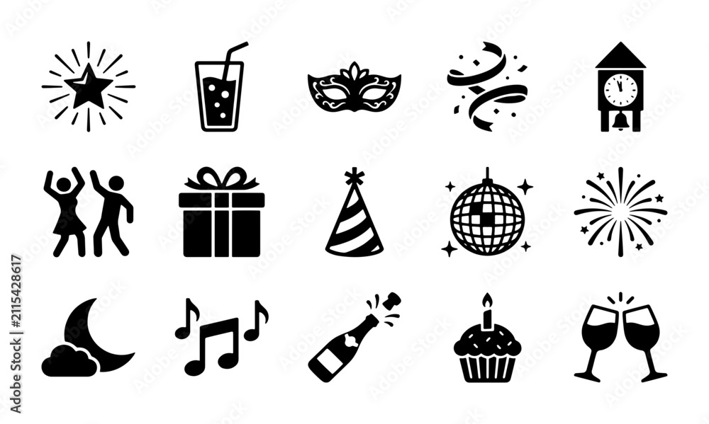 Fototapeta premium New Year party icons set, 15 celebration vector symbols, black holiday event elements for invitations, festive nightlife and birthday graphics