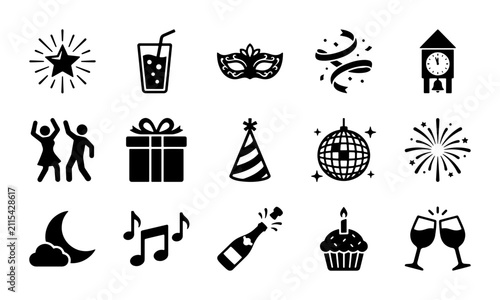 New Year party icons set, 15 celebration vector symbols, black holiday event elements for invitations, festive nightlife and birthday graphics