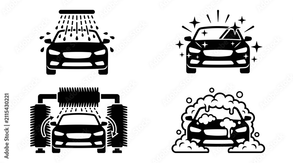 Obraz premium Set of 4 car wash service icons, vector illustration, vehicle cleaning and detailing icons