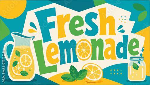 Vibrant vector illustration of fresh lemonade with a pitcher, jar, lemon slices, and mint leaves.