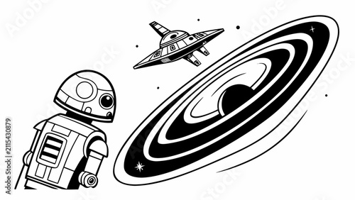 Minimalist droid and starship exploring space near a cosmic event horizon
