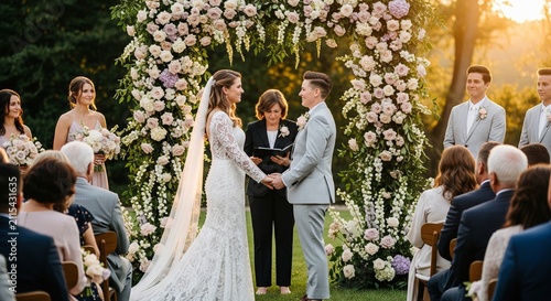 Joyful wedding couple exchanging vows surrounded by elegant floral arches and guests outdoors