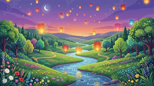 Magic Lanterns Floating Over River Valley at Night