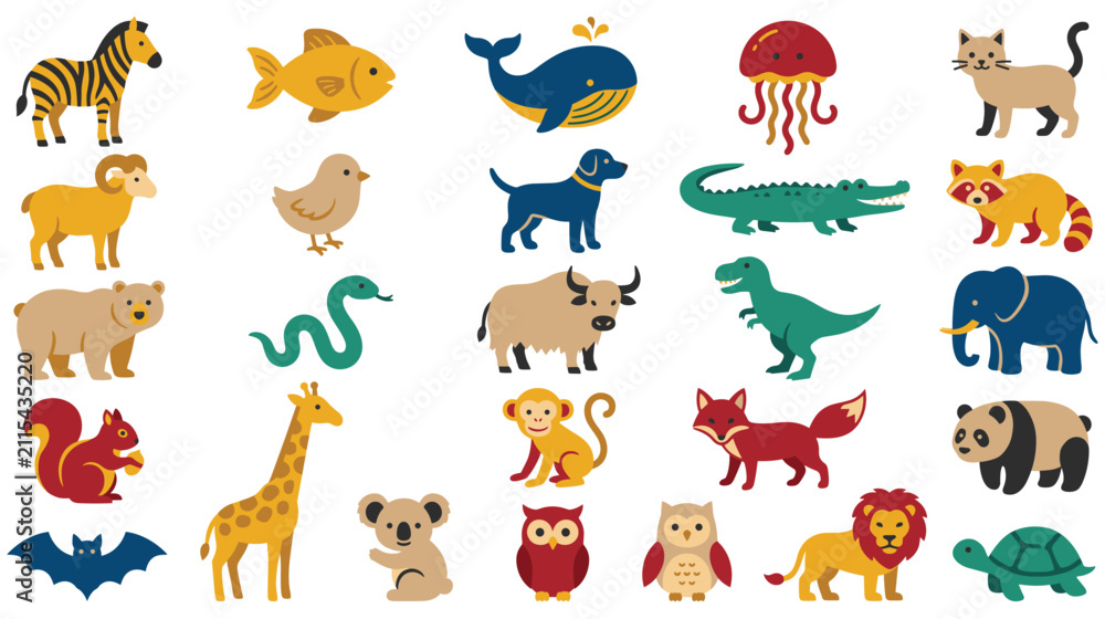 Fototapeta premium Collection of diverse animals and wildlife characters, cartoon style.