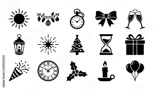 New Year and Christmas celebration icons set, 15 black holiday vector symbols, festive party elements for winter seasonal events and countdowns