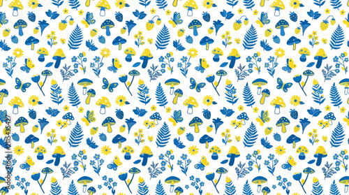 Whimsical Forest Pattern: Blue & Yellow Mushrooms, Ferns, Flowers & Butterflies