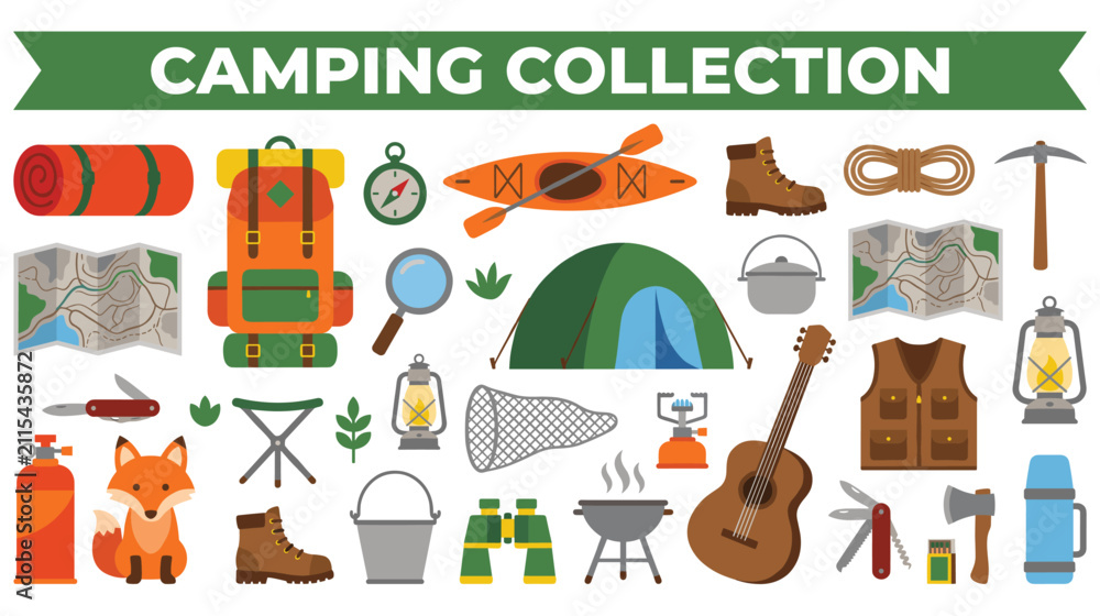 Fototapeta premium Camping equipment and outdoor adventure vector kit for hiking trips.