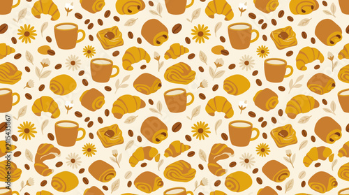 Seamless pattern of fresh baked croissants, coffee cups, and small flowers.