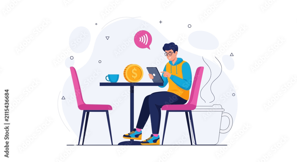 Fototapeta premium Man Using Tablet for Contactless Payment at Cafe with Coffee and Coin Icon