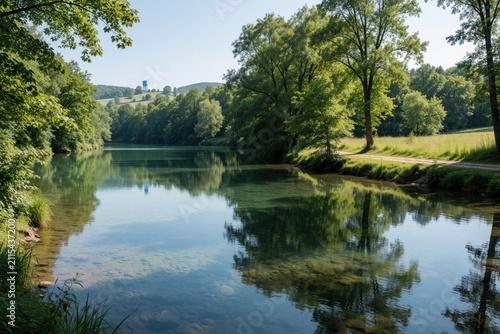 Calm river flows through rich summer forest in countryside. Clear water reflects green trees, blue sky on sunny day. Dirt path runs along grassy bank of peaceful pond. Beautiful natural landscape