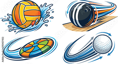 Dynamic vector illustration set of sports balls in motion including volleyball, bowling ball, and golf ball