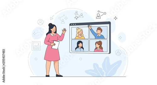 Online Meeting Concept: Woman leading a video conference call with participants, diverse team collaborating remotely