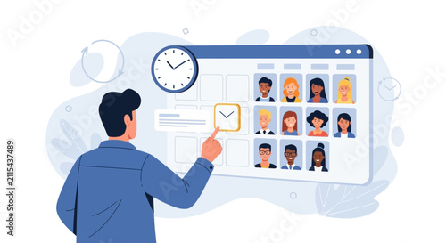 Online Meeting Schedule: Man Selects Time Slot on Digital Calendar with Diverse Avatars