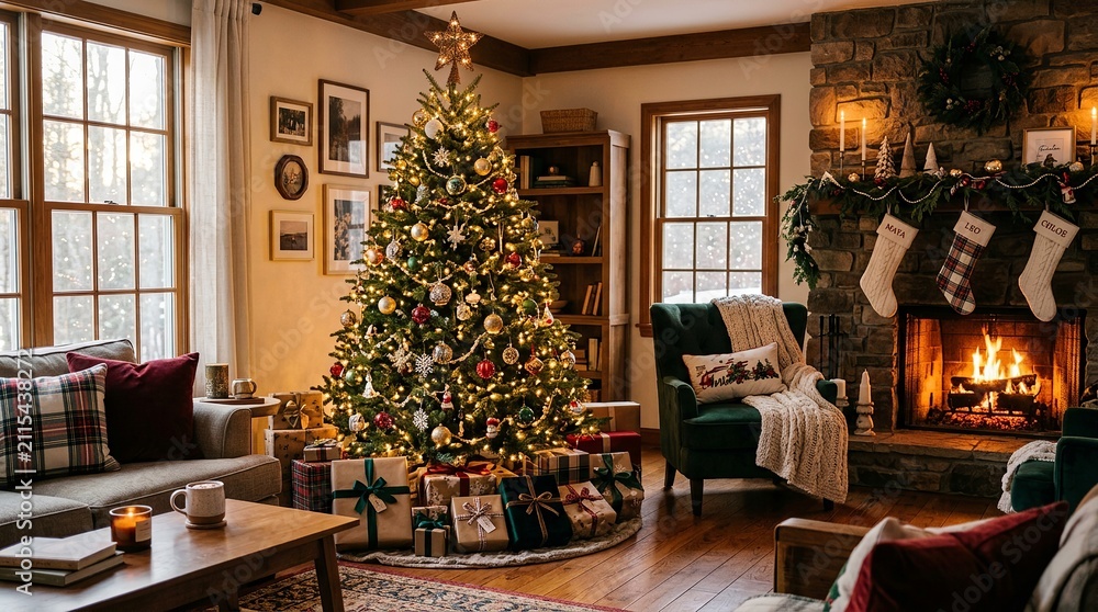 Obraz premium Cozy living room decorated for festive holiday celebration with lit fireplace with rustic living space adorned decorated evergreen tree stockings crackling fireplace