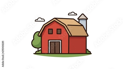 Traditional red farm barn with a silo and green tree
