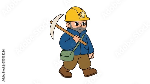 Cartoon miner walking with a pickaxe and wearing a safety helmet