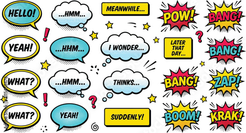 Fotografie Vintage Pop Art Comic Book Speech Bubbles and Action Sound Effects Set