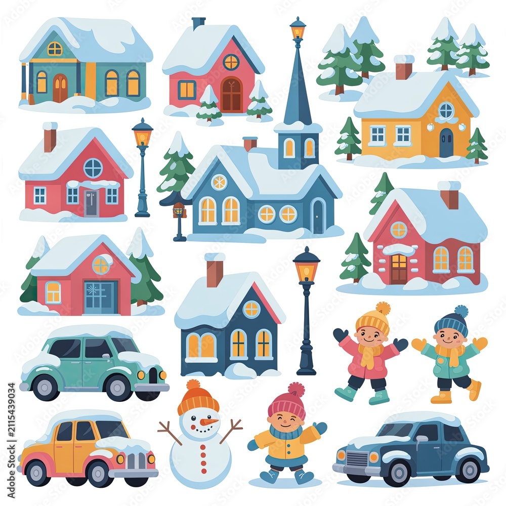 Naklejka premium Winter village vector illustration set. Snowy houses and happy children playing outside.