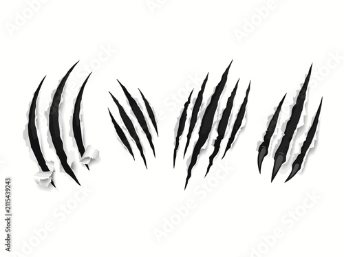 Beast claw slashes on ripped paper. Sharp animal scratch marks and torn paper vector set.
