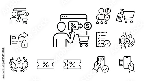 Online Shopping Loyalty Program Icons: Discounts, Rewards, Credit Card Payment, Customer Service, Shopping Cart, Percentage Coupons, Security