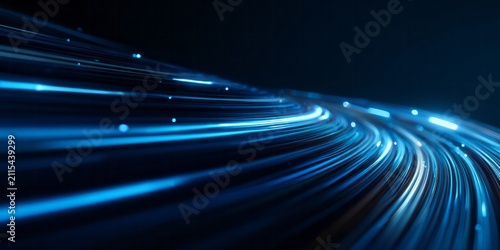 Glowing blue light trails curve through a dark, abstract digital landscape.