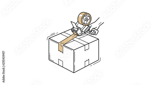 Hand sealing cardboard box with tape dispenser, shipping preparation, packaging and logistics concept, line art vector illustration