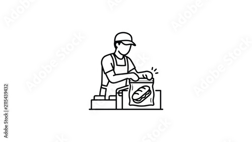 Food Service Worker Packaging Sandwich in Bag, Takeaway Food Preparation Line Art