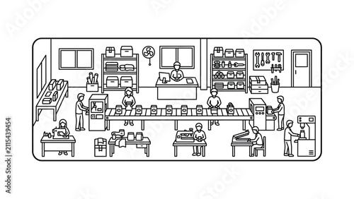 Factory Production Line: Workers Assembling Products on Conveyor Belt in Industrial Manufacturing Workshop