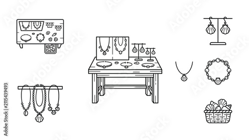 Hand-Drawn Jewelry Collection Display: Necklaces, Earrings, Bracelets with Seashells