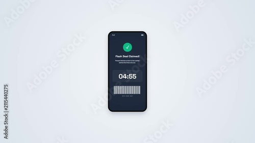 Flash Deal Claimed Mobile UI Layout Featuring Five Minute Countdown Timer and Redeemable Barcode Animation